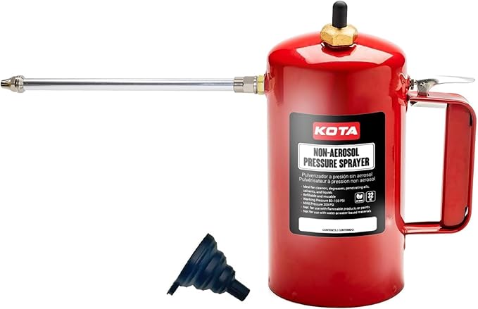 LAUCO Non Aerosol Pressure Sprayer - Refillable Pressurized Sprayer Bottle for Oil, Solvent, Degreasers, Lubricants - Rechargeable Steel Canister with Brass Nozzles, 32oz