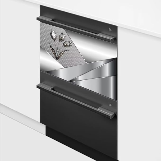 Polished Metal Texture Dishwasher Magnetic Cover for Door Front,Silver Stainless Steel Flowers Refrigerator Magnet Decor Floral Magnet Panel Decal, Fridge Home Appliance Sticker 23x17inch