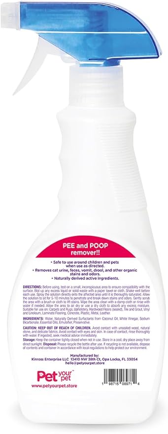 Cat Pee and Poop Remover 16 fl Oz – All-in-One Pet Stain and Odor Remover with Plant-Derived Ingredients – Stain and Odor Removers for Upholstery, Carpets & Hard Floors