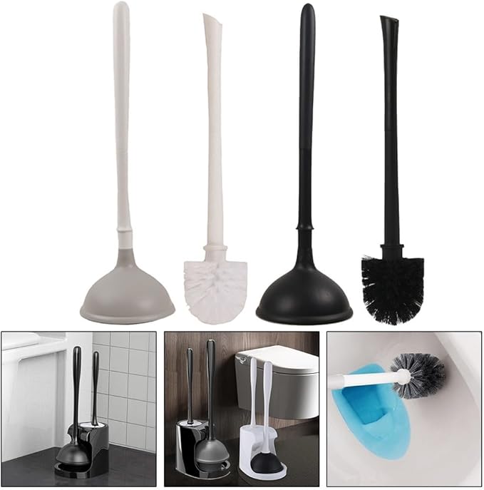 2-in-1 Removable Toilet Plunger and Brush Set with Holder, Heavy Duty Bathroom Cleaning Tools Bowl Scrubbing and Unclogging, Modern Black and White(White)