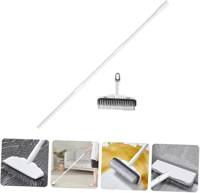 Heavy Duty Floor Scrubber Brush Long Handle Bathroom Tile Cleaning Tool Multi-Function Hard Floor Cleaning Brush Stainless Steel Squeegee Broom for Home