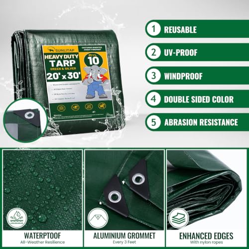 20x30Ft Large Heavy Duty Waterproof Poly Tarp Cover, Green - Image 3