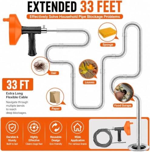 33 FT Drain Snake Auger, Plumbing Snake Drain Hair Clog - Image 6