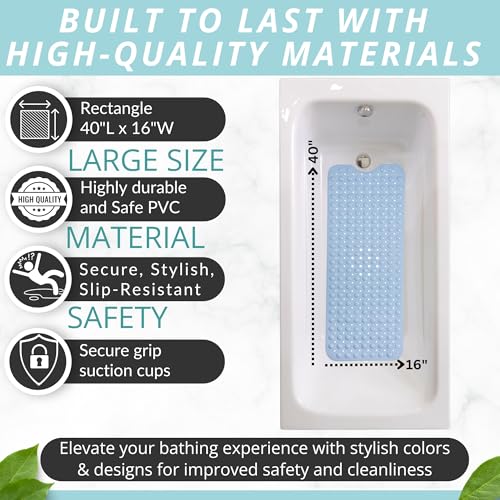 ENKOSI Non-Slip Bath Mat - Extra Long 40 x 16 Inch Large Anti-Slip Tub & Shower Mat with Suction Cups and Drain Holes for Bathroom Bathtub Safety and Decor (40x16 Aqua Blue)