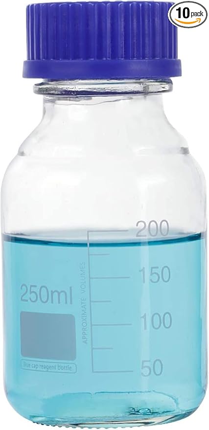 Lab Media Storage Round Bottles Graduated Glass Container GL45 Screw Cap Leakproof Multi-Purpose for Scientific | pack of 10 (Blue,250ml)