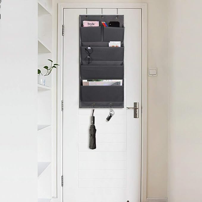 5 Pockets Over the Door Organizer and Storage Hanging with Hooks, Wall Mount Office Supplies File Folders Document Holder for Notebooks, Paper,Supplies, Closets, Families, Filing (Gray)