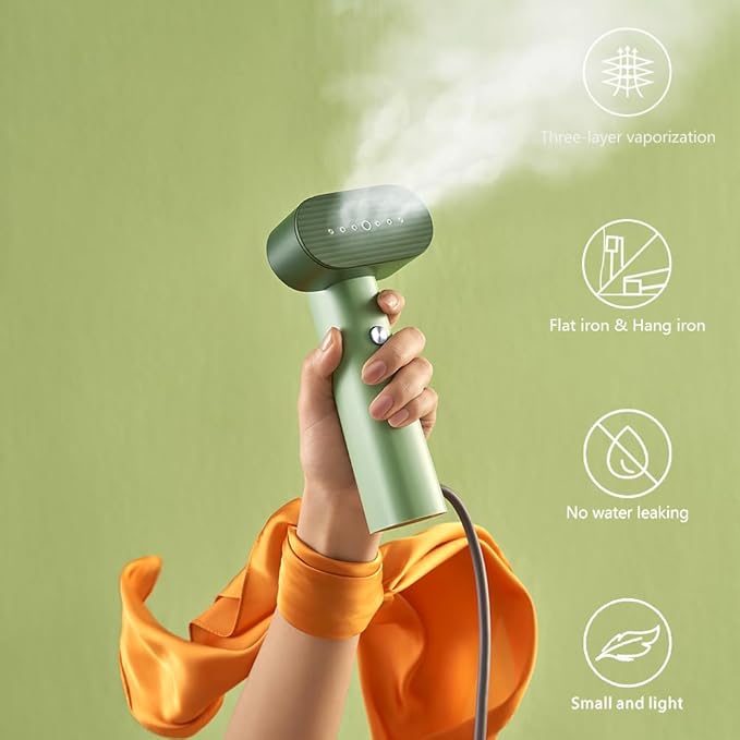 G6 Steamer for Clothes Portable 2-in-1 Travel Iron for Clothes, Just 0.7lbs Lightly, 10 Minutes of Continuous Steam, 900W Light Steamer for travel and home (green)