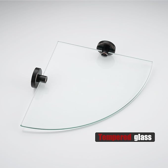 JQK Corner Glass Shelf, Oil Rubbed Bronze Bathroom 304 Stainless Steel Shower Triangle Floating Wall Shelf, 10 x 10 Tempered Glass, 2 Pack, TGS190L10-ORB-P2