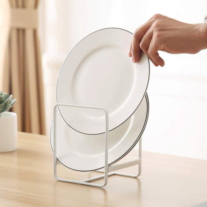 2PCS Plate Holders Organizer, Metal Dish Storage Dying Display Rack for Cabinet, Counter and Cupboard - White， Small