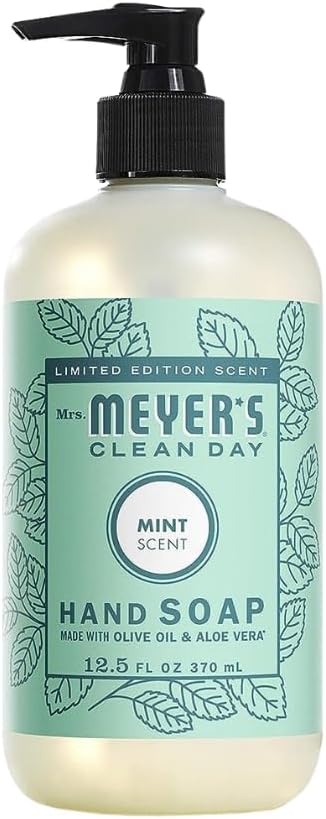 Mrs. MEYER'S Mint Variety Pack Includes 1 Room Freshener, 8 OZ, 1 Liquid Dish Soap, 16 OZ, 1 Liquid Hand Soap,12.5 OZ, 1 Multi-Surface Cleaner 16 OZ, 1 CT (Mint)