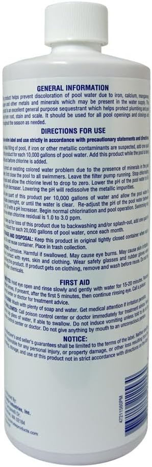 Pool Mate 1-Quart 2-Pack Concentrated Metal Out Stain and Mineral Inhibitor, Pool Metal Remover, Stain Remover, Made in USA