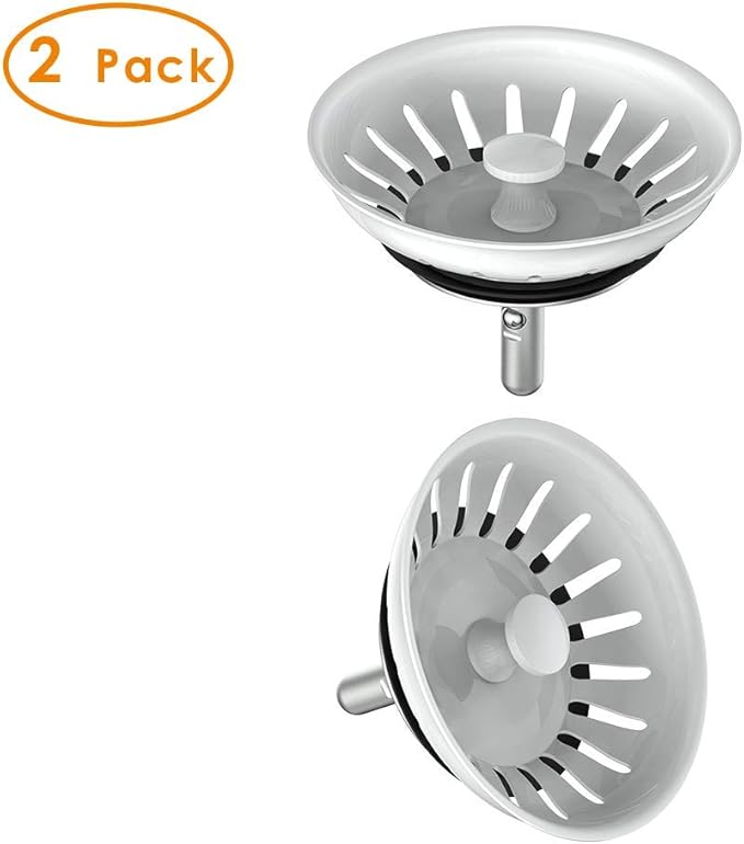KANARY Stainless Steel Kitchen Sink Strainer Basket-Replacement for Standard Drains-Ball-Lock Rubber Stopper (2-Pack, White)