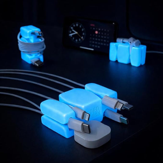GlowBrick Stocking Stuffers for Adults Cord Management Weighted Cord Holder Cable Wrap Phone Stand - Glow-in-The-Dark Gadget Organizer for Nightstand. Gift for Men, Silicone. 6pk Glowing Blue