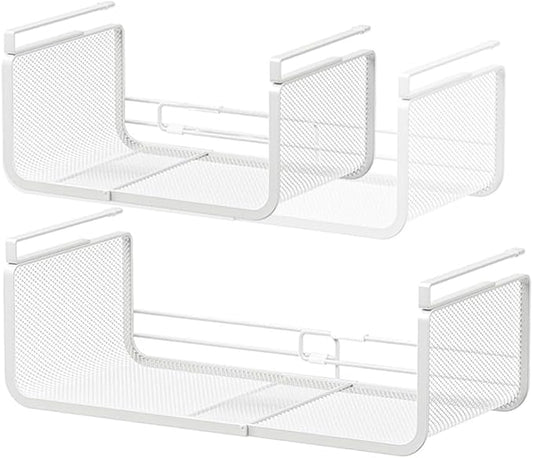 Expandable Under Shelf Basket Organizer, Under Shelf Storage, Hanging Baskets Under Cabinet for Pantry Kitchen Cupboard Desk Counter Bookshelf Space Saver Heavy Duty Slide-in (white, 2 Pack)