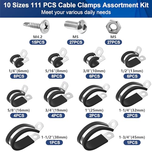 111 Pcs Cable Clamps - 10 Size Pipe Clamps Assortment Kit | Hand Tools - Image 3