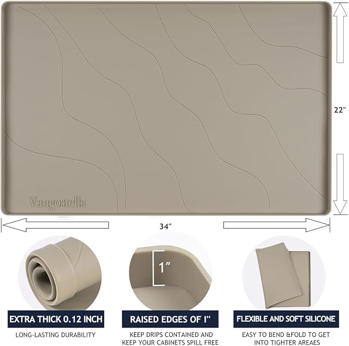 Heavy Duty Silicone Under Sink Mats for Kitchen Waterproof 25" x 22", Extra Thick Under Sink Rubber Mat Drip Tray, Raised Edge Under Sink Liner,Prevent Drips, Leaks, Spills,Brown