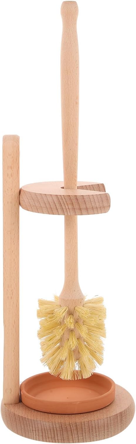 Ceramic Toilet Brush and Holder Set with Strong Bristles Sisal Fiber Handle Beech Wood Base for Household Bathroom Cleaning Sturdy Toilet Scrubber