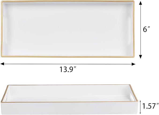 MAONAME White Vanity Tray Set of 2, Plastic Decorative Tray with Handles, Long Narrow Trays, Rectangular Bathroom Trays for Toilet Tank, 13.8" X 6" X 1.57"