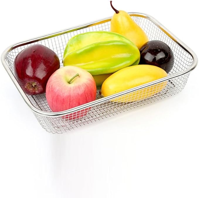 Stainless Steel Drain Basket Large Rectangular Colander 12.99X9.44X2.75In Multi-Purpose Kitchen Fruit Vegetable Holder with Fine Mesh for Washing and Storage