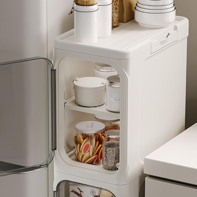 4-Tier Plastic Bathroom Slim Storage Cabinet with Magnetic Doors, Movable Wheels, Foldable Narrow Organizers and Storage for Small Spaces, Kitchen (White)