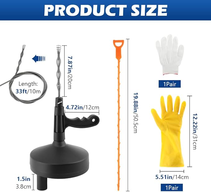 Drain Auger 33 Feet, Snake Drain Hair Removal Tool with 2 Gloves, Plumbing Sink Unclogger Drain Cleaner Toilet Snake Auger for Kitchen Bathroom Tub Shower