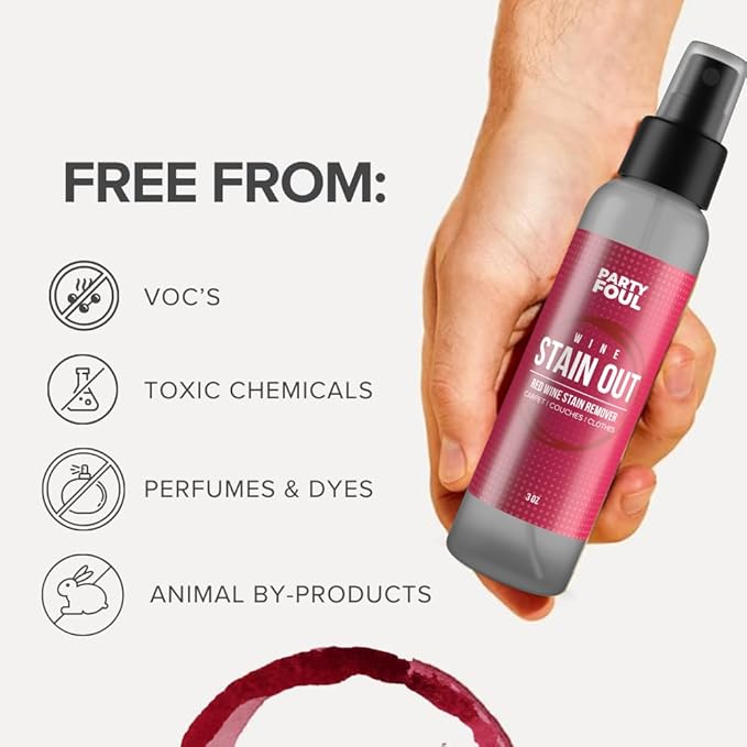Party Foul Wine Stain Out Spray - Plant Based Red Wine Stain Remover for Clothes, Carpets, & Couches - Stain Remover Spray for Coffee, Tea, & Sports Drinks Stains - Unscented (8 Ounce (Pack of 2))