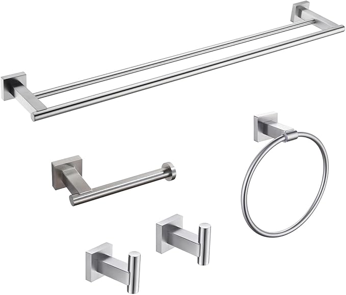Miyili 5-Piece Bathroom Hardware Kit Set Brushed Stainless Steel Wall Mount - Includes Double Towel Bar, Hand Towel Rack, Toilet Paper Holder, 2X Robe Hook, BS02N5