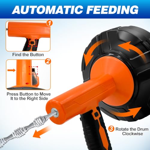 Drain Auger 33Ft, Auto-Feed Drain Clog Remover Plumbing - Image 3