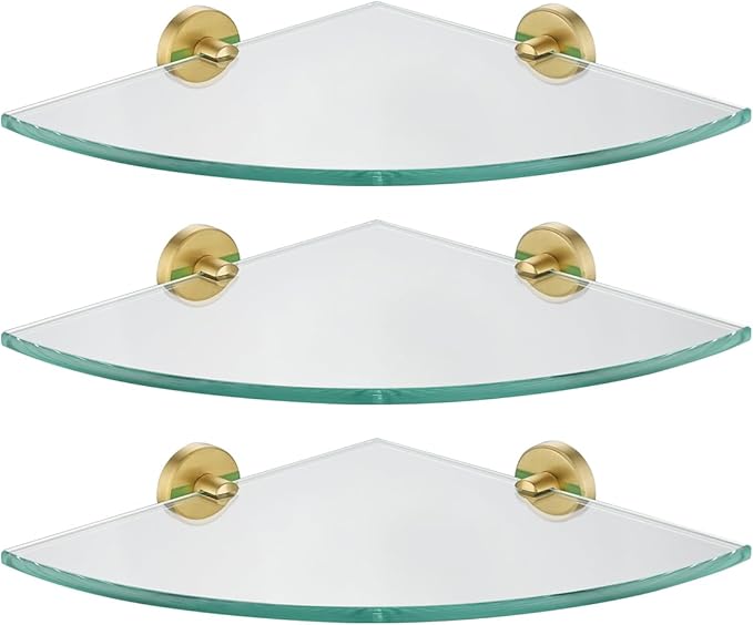 JQK Corner Glass Shelf 10.67 Inch, Brushed Gold Bathroom 304 Stainless Steel Shower Triangle Floating Wall Shelf Tempered Glass, 3 Pack TGS190L10-BG-P3