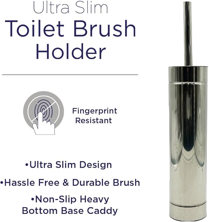 Toilet Bowl Cleaning Brush and Holder with Lid, Slim Design, 304 Stainless-Steel, Fingerprint-Proof, Rust Resistant, Heavy-Weight Base (1 Pack, Chrome)
