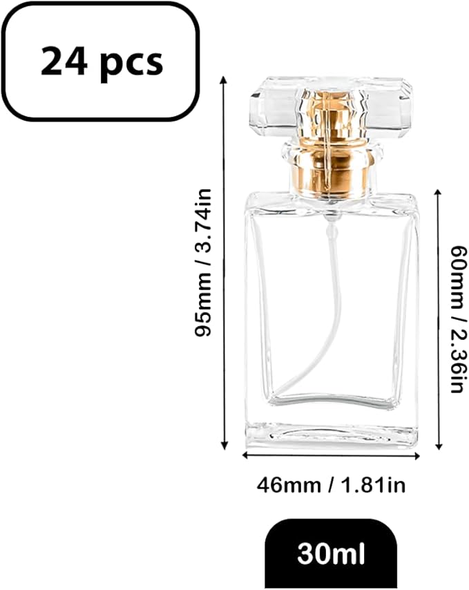 Glass Perfume Bottle Empty Refillable 8Pack Clear Travel Perfume Spray Atomizer Bottle 30ml Perfume Fine Mist Spray Perfume Bottle Atomizer Container with Sprayer Applicator (Clear Square 30ml 24PCS)