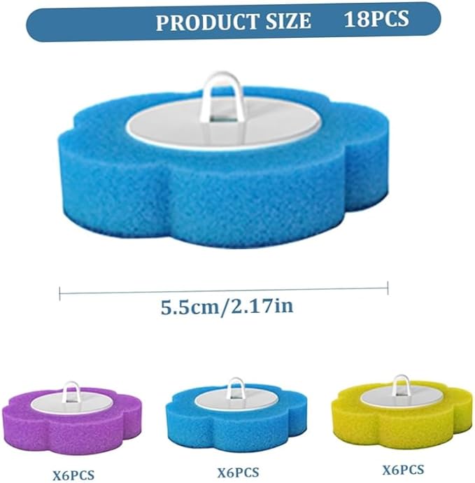 Disposable Toilet Brush Refill Sponges, 18 Pcs, 3 Layers, Blue, Purple, Yellow