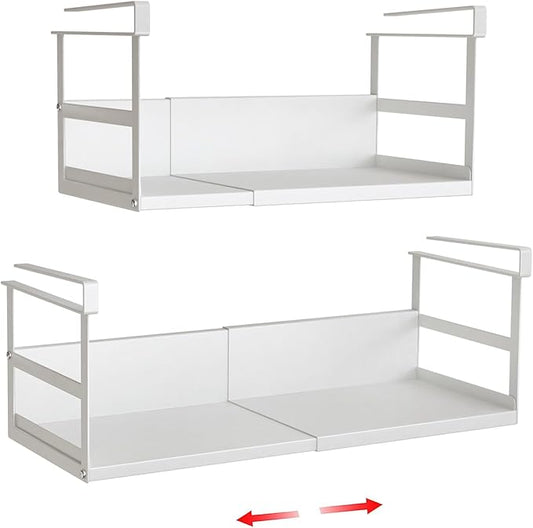 Expandable Under Cabinet Shelf Organizer with 0.94-Inch Thick Clips, Heavy Duty Extendable Under Shelf Storage Basket for Pantry or Laundry Room, White, 2 Pack, Interior: 5.7" H x 7.2" D
