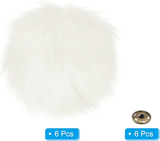 Patikil Faux Fur Pom Poms for Hats - 6 Pcs Fluffy Soft Fur Balls with Snap Button for Keychain, Knitting Hats, DIY Scarves, Gloves, Bag, Christmas, White
