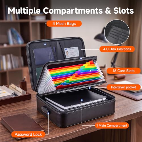 Fireproof Document Box With Lock, 16 Pocket Document Organizer - Image 5