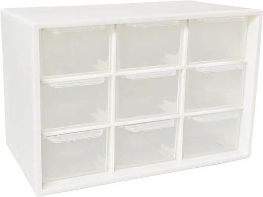 Small Drawer Organizer for Desk, 7.1" x 3.8" x 4.6" Mini Desktop Drawer Organizer with 9 Clear Drawers, Compact Craft & Office Supplies Organizer for Home School (White)