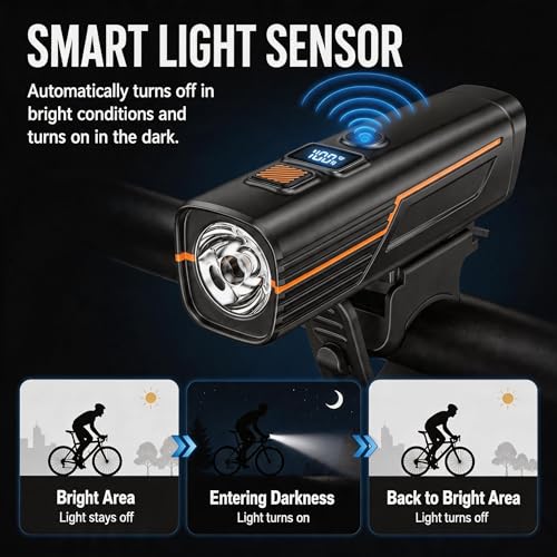 High Lumens Super Bright Bike Lights for Night Riding,Precision Battery Display&Smart Auto Light Sensor,5Modes,USB Rechargeable Bike Headlight,Bicycle Lights for Road,Mountain,Cycl