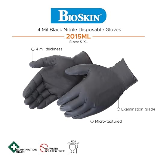 BioSkin Nitrile Exam Grade Disposable Gloves, 4 Mil - Medium | Powder-Free, Chemical + Puncture Resistant, Textured | for Medical, Industrial, Janitorial, Food Service (Box of 100)