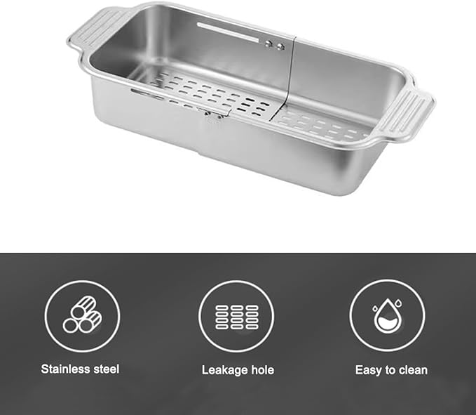 Stainless Steel Extendable Colander Strainer, Metal Washing Basket for Vegetable and Fruit, Easy to Clean, Drain Quickly (S)