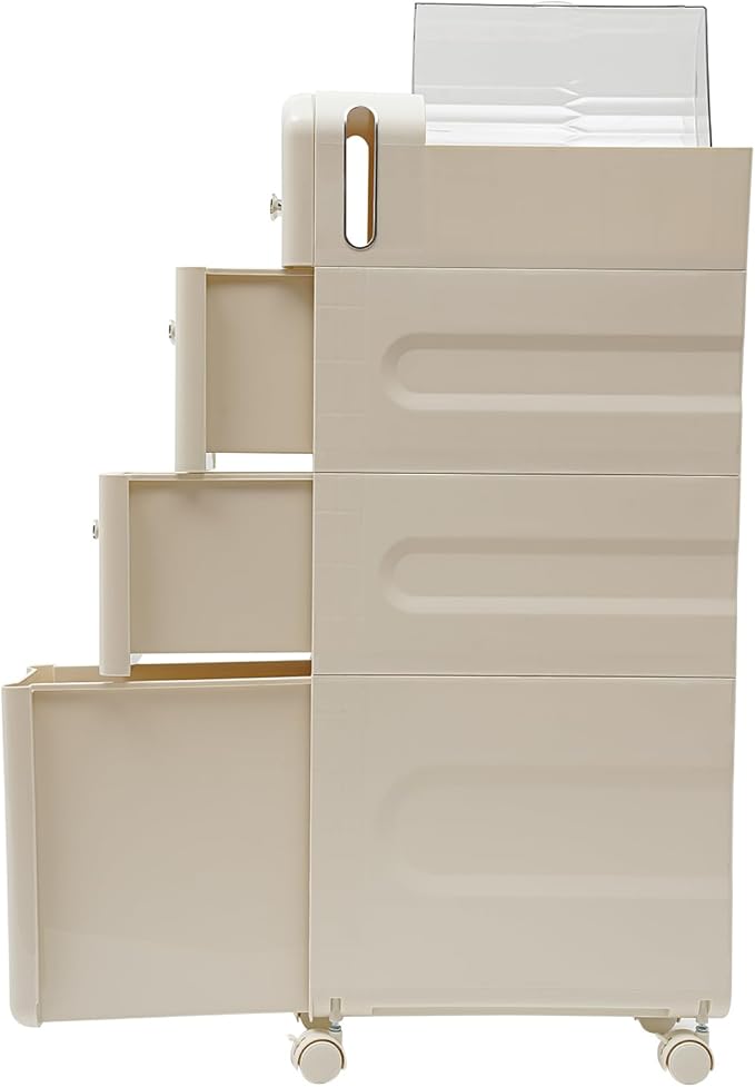 4 Tiers Narrow Slim Bathroom Floor Cabinet,Rolling Storage Cart with Toilet Paper Holder,Slim Bathroom Storage Cabinet for Small Space Kitchen Living Room