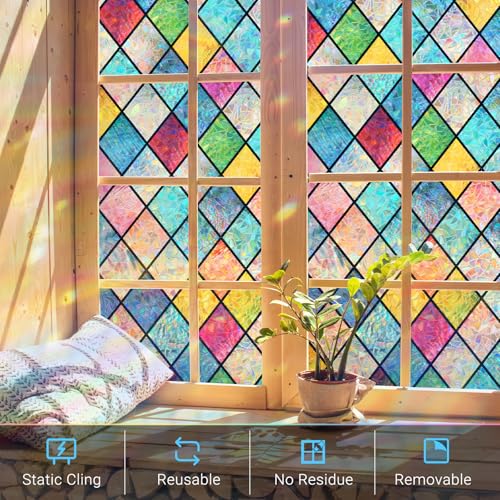 Haton Stained Glass Window Film, Rainbow Lattice Stickers - Image 5