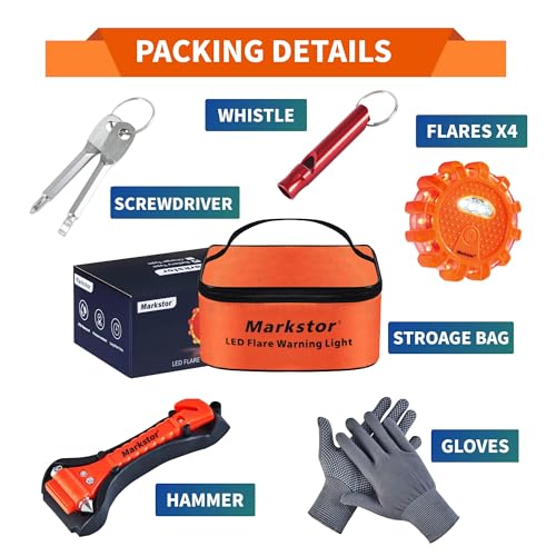 LED Road Flare, Emergency Safety Kit with Hammer Whistle Gloves - Image 3