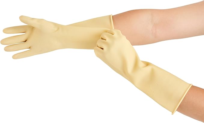 Restaurantware Latex Gloves 10 Count 13 Inch Extra Large Textured Grip Disposable Gloves for Kitchen Safety, 22-Mil Thickness and Long Cuff Yellow Rubber Gloves for Food Preparation and Cleaning