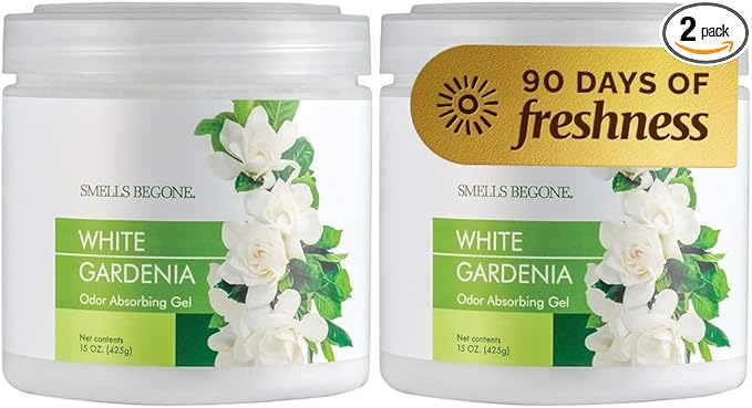 SMELLS BEGONE Air Freshener Odor Absorber Gel - 15 oz, Pack of 2 - Absorbs and Eliminates Odor in Pet Areas, Bathrooms, Cars, & Boats - Made with Essential Oils - White Gardenia Scent