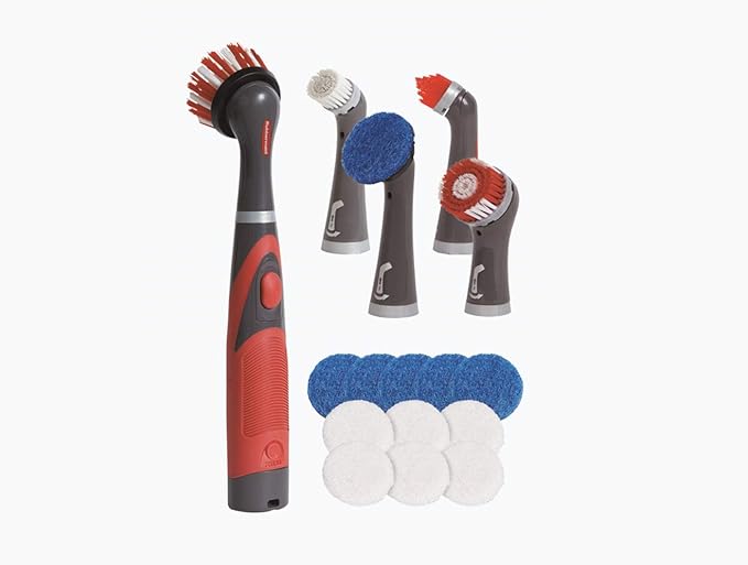 Rubbermaid Reveal Cordless Battery Power Scrubber Home Kit, 18 Pieces, Red & Cleaning Power Electric Scrub Brush Microfiber Refill Kit, 2 Pieces, Red/Gray