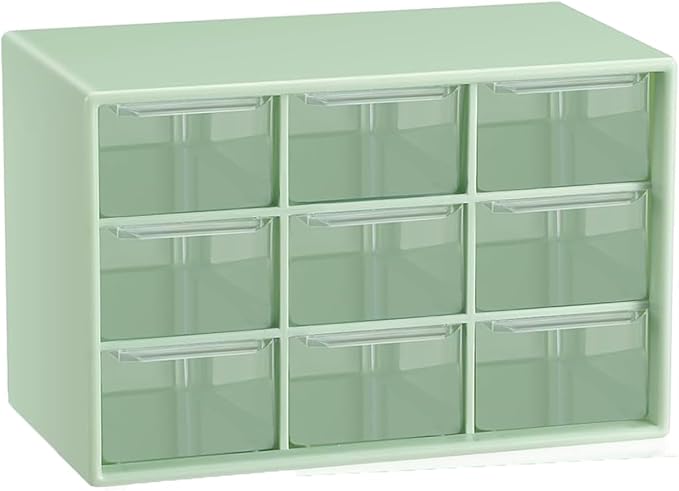 Small Drawer Organizer for Desk, 7.1" x 3. 8" x 4.6" Mini Desktop Drawer Organizer with 9 Clear Drawers, Plastic Desktop Craft Storage Box for Desk Office School Home (Green)