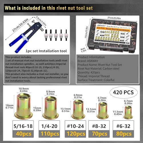 SAE Pressure Rivet Nut Tool Kit 420pcs, SAE Thread Rivet Nuts Kit - Image 3