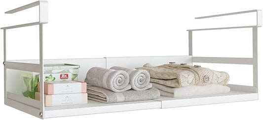 Expandable Under Cabinet Shelf Organizer with 1.25 Inches Thick Clips, Heavy Duty Extendable Under Shelf Storage Basket for Pantry or Laundry Room, White, 1 Pack, Interior: 5.7" H x 8.54" D