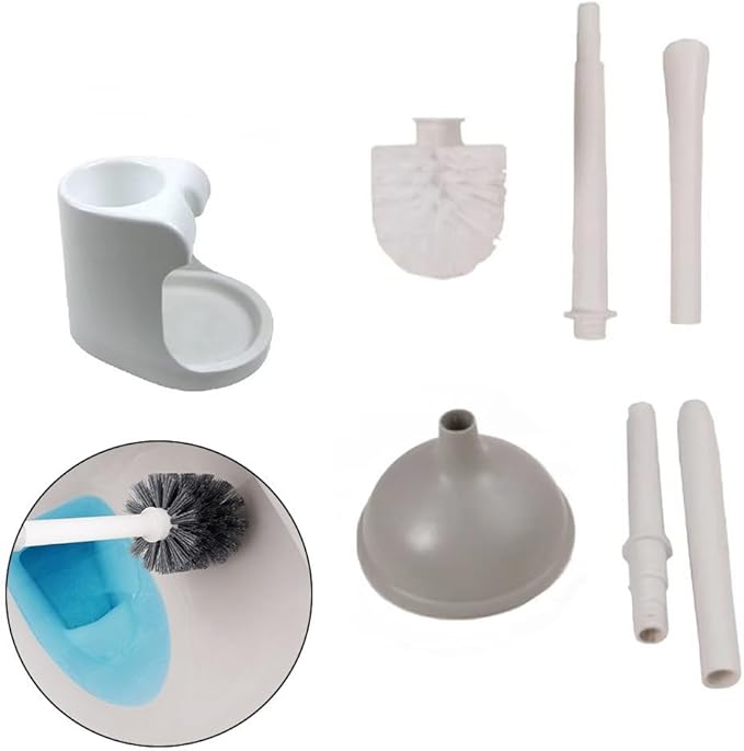 2-in-1 Removable Toilet Plunger and Brush Set with Holder, Heavy Duty Bathroom Cleaning Tools Bowl Scrubbing and Unclogging, Modern Black and White(White)
