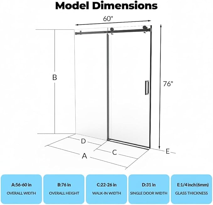 Shower Door 56-60" W x 76" H, Sliding Door, 1/4" (6mm) Clear Tempered Glass, Space-Saving Design for Modern Bathrooms